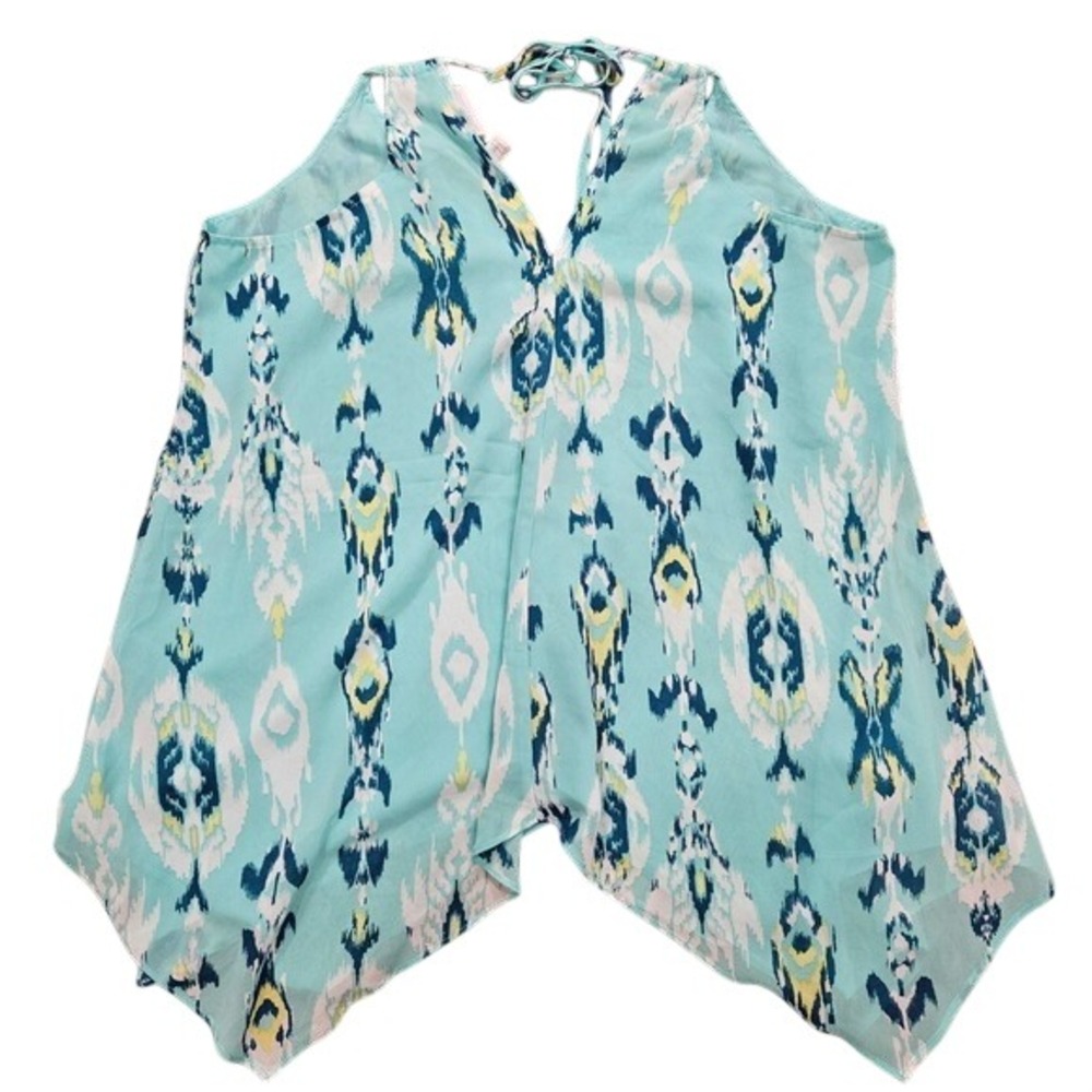 New York & Company Teal Ikat Handkerchief Hem Halter Top Blouse Womens Medium
